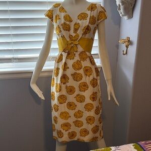 Vintage Neiman Marcus Yellow Rose Print Cutout Midi Dress